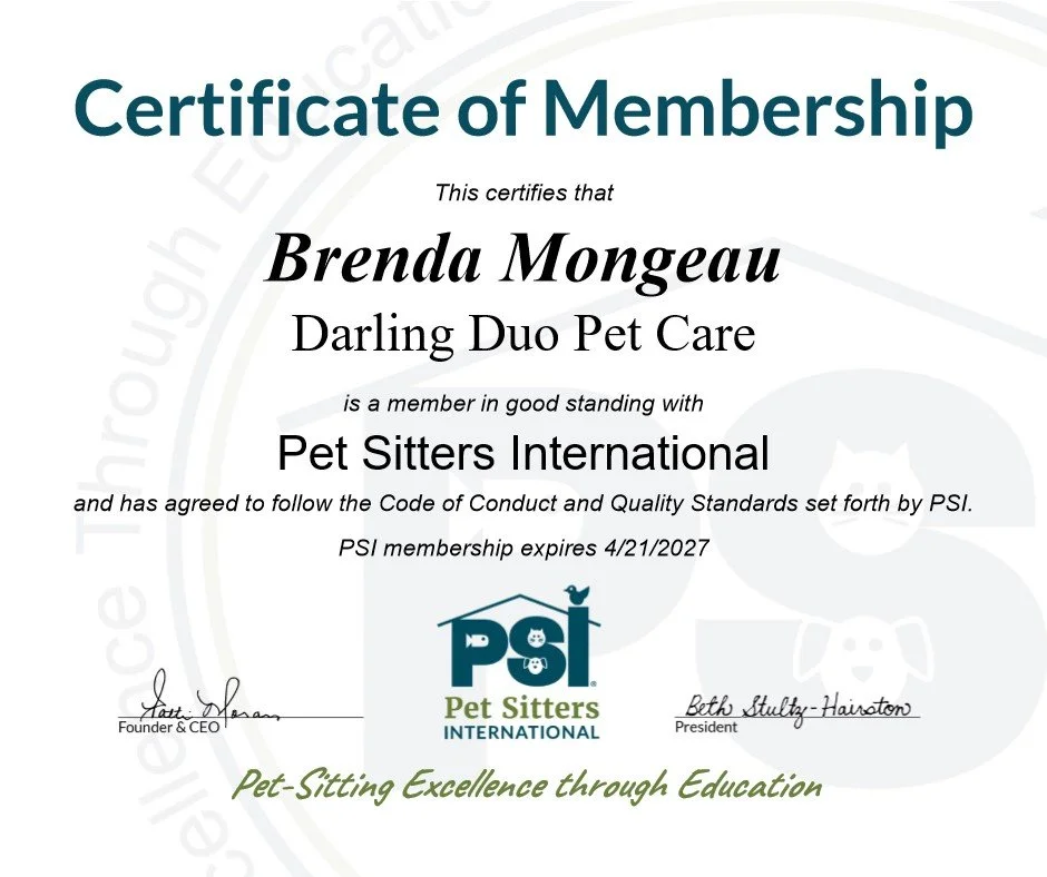 Pet Sitters International member certificate for Brenda Mongeau